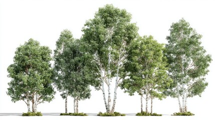 3D birch trees set with realistic foliage and textures, white bark, isolated on clear transparent background, landscape design render