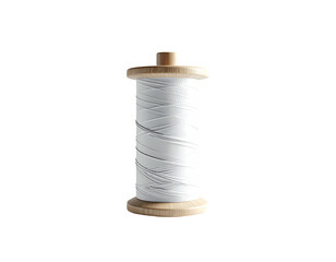A spool of white thread wrapped around a wooden core against a black background
