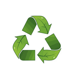 Obraz premium A green recycling symbol composed of three stylized leaves with water droplets, representing environmental sustainability and eco-friendliness on a white background.
