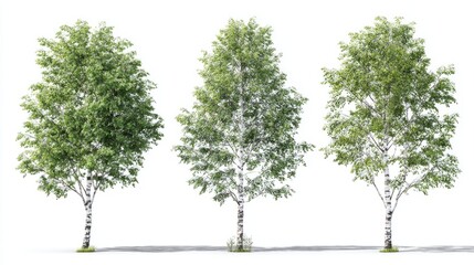 Obraz premium 3D vector render of green birch tree set, realistic shading, white bark detail, transparent background, perfect for garden and landscape visualization