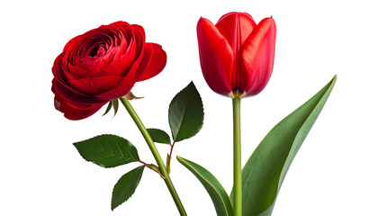   Red Rose and Scarlet Tulip Bundle, isolated on transparent background