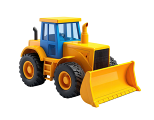 A vibrant yellow and blue tractor with large wheels and a front shovel