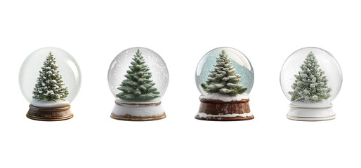 Four decorative christmas tree snow globes in a row isolated on transparent background