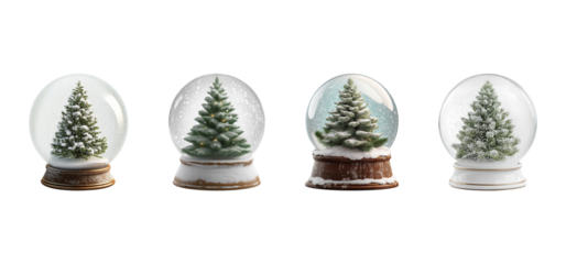 Four decorative christmas tree snow globes in a row isolated on transparent background