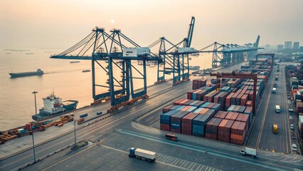 Naklejka premium Busy shipping port with cargo cranes container stacks and ships at sunset