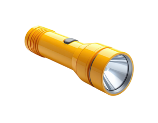 A bright yellow flashlight with a silver lens and button on a black background