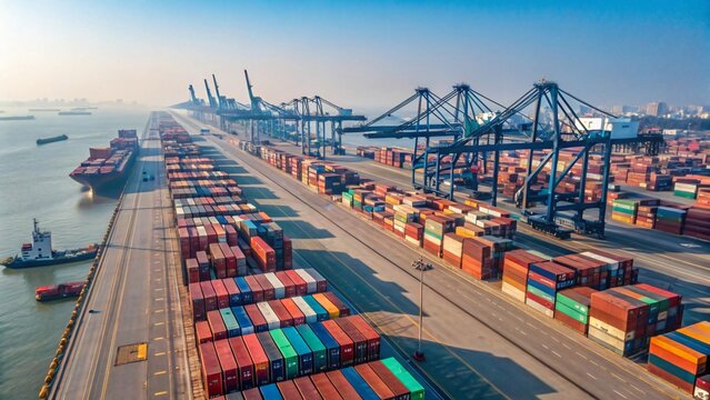 Extensive container port with cargo ships gantry cranes and stacks of shipping containers under a clear sky