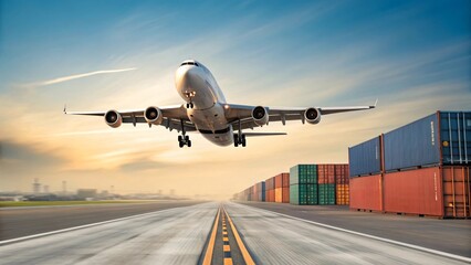 Fototapeta premium A large cargo airplane lifts off from a runway beside stacks of shipping containers under a bright sky