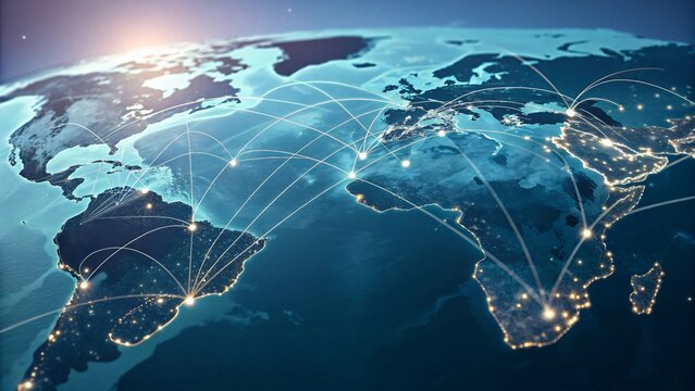 Global network connections illuminated across continents and oceans at night