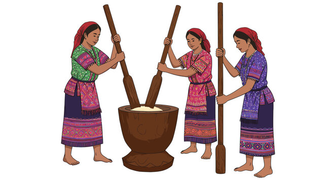 Three women using pestles to grind rice in a mortar