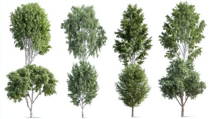 Fototapeta premium Collection of detailed 3D birch trees with lush green leaves, clean transparent background, realistic rendering for garden design scenes