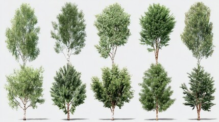 Fototapeta premium Collection of detailed 3D birch trees with lush green leaves, clean transparent background, realistic rendering for garden design scenes
