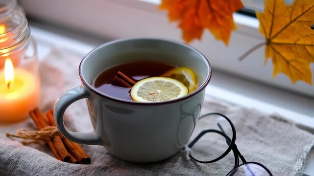 cup of tea and cinnamon sticks, autumn