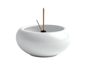 White ceramic bowl holding incense sticks against a stark black background
