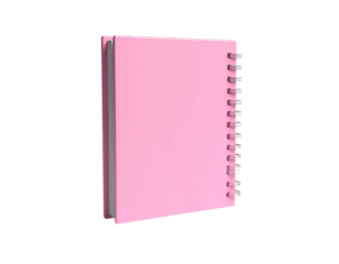 A simple, closed, pink spiral notebook in a 3D render, set on a black backdrop