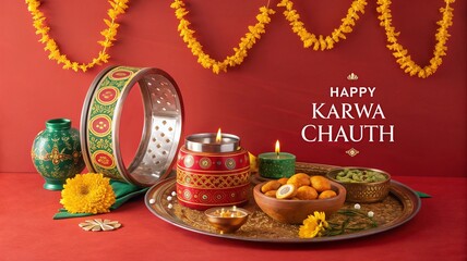 Beautiful Karwa Chauth pooja thali with festive sweets displayed.