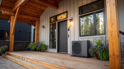 Contemporary home exterior featuring gray heat pump unit on clean wooden deck, siding in light tones with natural wooden beams