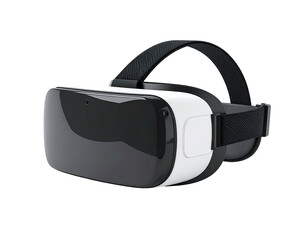 Modern VR headset with black and white design, adjustable straps, and lenses