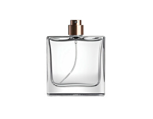 Clear perfume bottle with copper-colored atomizer and sleek, minimalist design