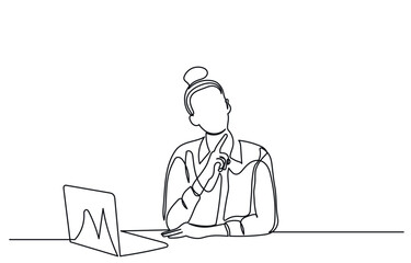 continuous line drawing of a woman sitting at a desk, thoughtfully looking at a laptop screen. Single line-art girl thinking with a laptop, symbolizing work, creativity, or problem-solving.Vector 