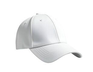 A pristine white baseball cap, three-quarters view, isolated on a black background
