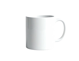 A plain white ceramic mug, handle to the right, against a black background