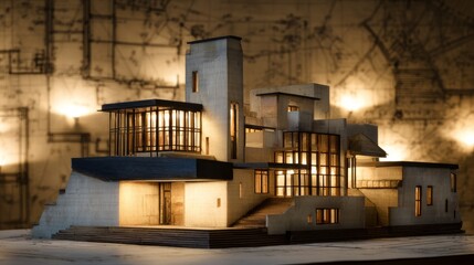 Elegant architectural model rendered in 3D, showcasing form and function with blueprint design backdrop, modern materials and lighting