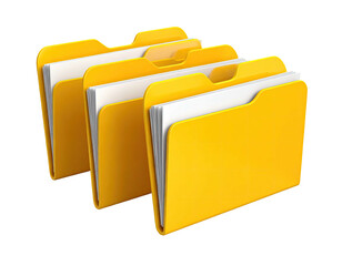Three yellow file folders stand open, displaying white paper, on a black background