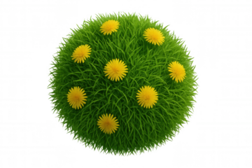 Green grass sphere with blooming yellow dandelions symbolizing spring, nature, and environmental growth on transparent background