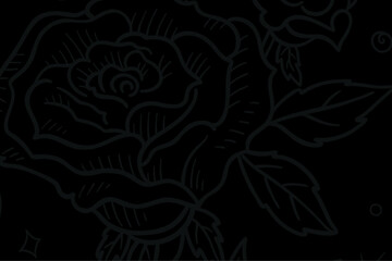Black background featuring intricate line art of blooming roses with leaves and geometric accents highlighting floral design