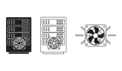 Server rack with cooling fan icons in black and white line art computer server ventilation