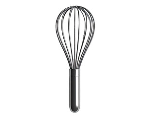 A shiny, chrome-colored wire whisk isolated on a black background