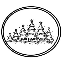 Christmas Forest Line Art in Circle Frame