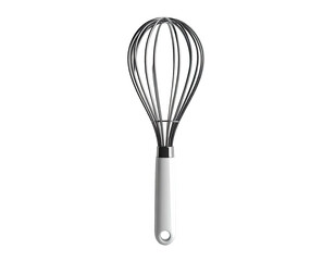 A stainless steel whisk with a white handle isolated against a stark black background