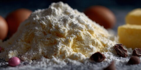 Macro close-up of a fluffy mound of flour on a work surface with chocolate chunks, butter and eggs out of focus; moody natural light, shallow depth of field, perfect for baking recipes and food blogs.