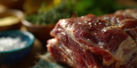 A whole leg of lamb shows red and white stripes, presenting a distinct layering effect. It highlights the tenderness and plumpness of the meat. The green plants and seasoning bowls in the background a