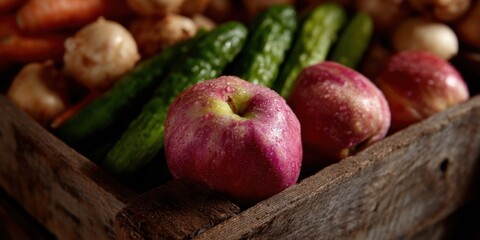 Close-up of produce in a vintage wooden crate&mdash;pink apples with droplets, cucumbers and root vegetables; rich color, shallow DOF, farm-fresh vibe.