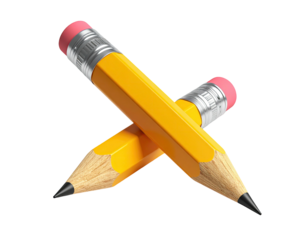 Two crossed, yellow pencils with erasers and sharpened graphite tips on black