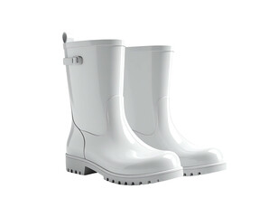 Pair of clean, white rubber boots with buckle and textured soles, on black