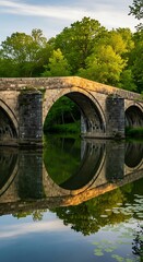 Fototapeta premium Ancient Stone Bridge Reflecting in Calm River.