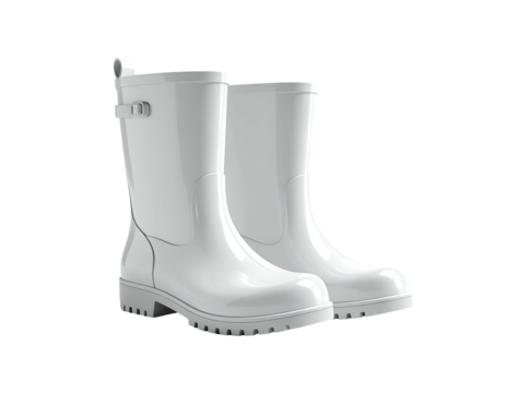 Pair of clean, white rubber boots with buckle and textured soles, on black