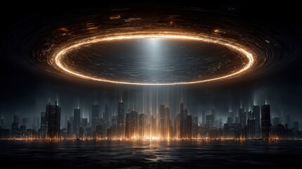 Futuristic sci-fi city with a giant glowing portal in the sky at night.
