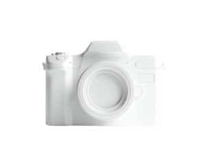 A detailed, all-white camera rendering against a stark black background