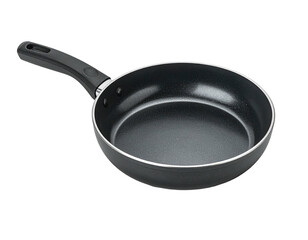 A non-stick frying pan, featuring a black interior and a black handle