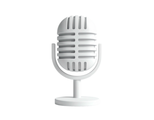 A white, classic-style microphone stands upright, against a black backdrop