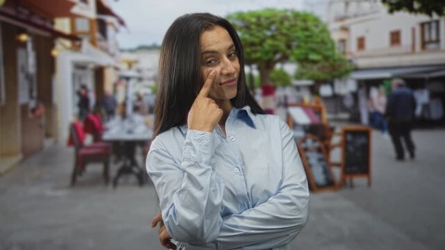 Woman points finger to cheek with arms crossed on a restaurant terrace near sidewalk tables, facing camera and smiling slightly; playful teasing confidence.