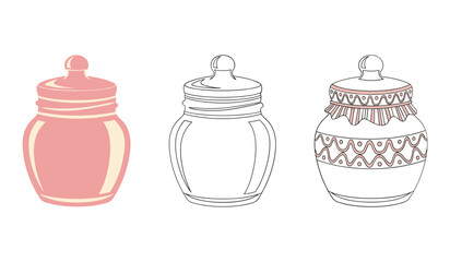 A set of three decorative jars with lids in pink and cream colors and line art container