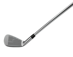 A silver golf club, angled slightly, resting against a black background