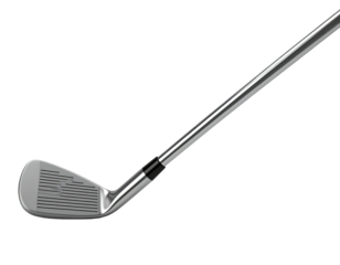 A silver golf club, angled slightly, resting against a black background