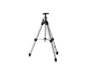 A silver and black camera tripod on a black background, fully extended